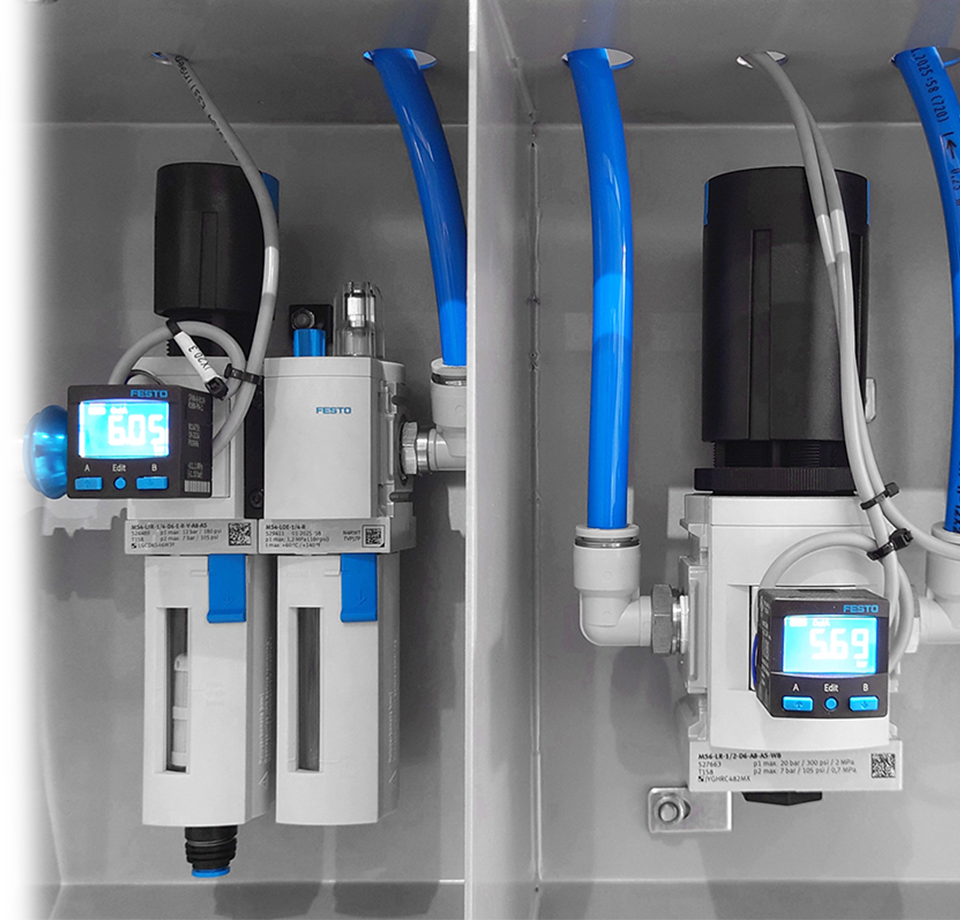 采用 Festo 三联件、精密调压阀、耐水解气管和电子压力表